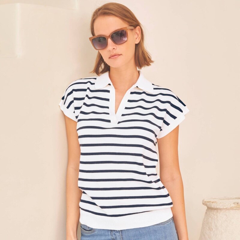 Pruhovaný pulóver s polo golierom a krátkymi rukávmi biela/nám. modrá 67388210