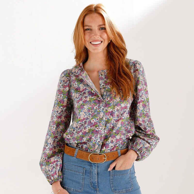 Blúzka s potlačou kvetín a okrúhlym výstrihom modrá/purpurová 052 67388203