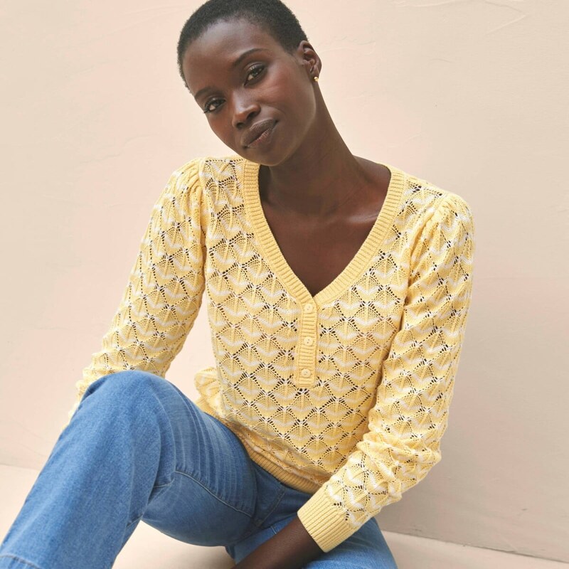 Pulóver s ažúrovým vzorom a prúžkami žltá/biela 054 Blancheporte 67387688