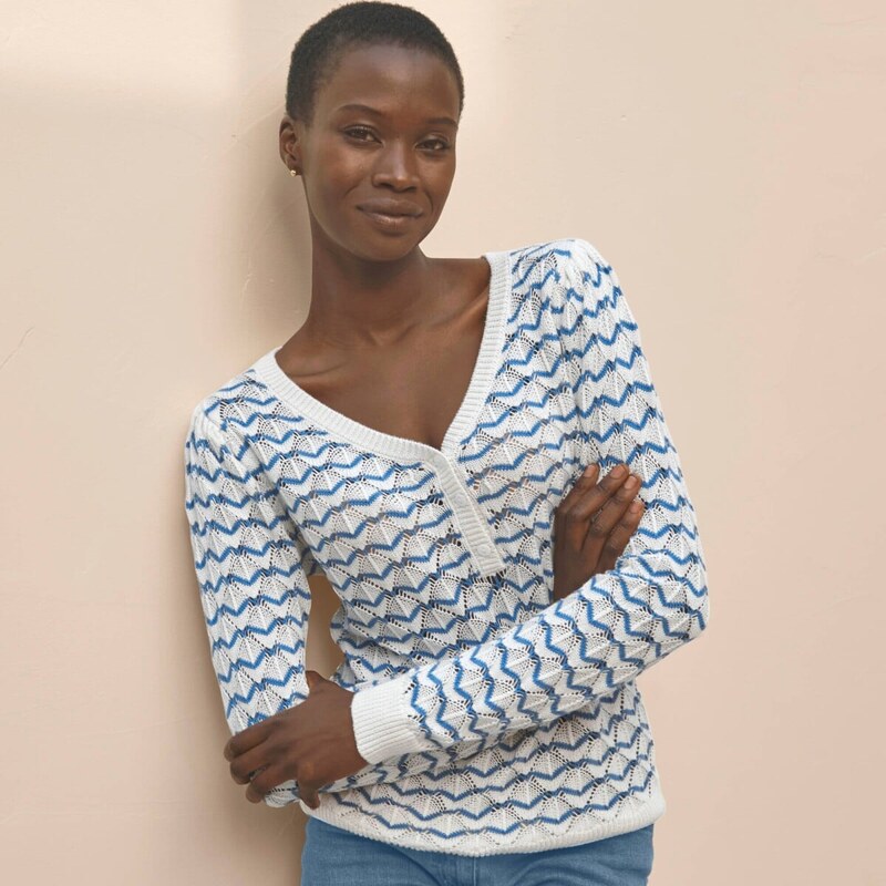 Pulóver s ažúrovým vzorom a prúžkami biela/modrá 054 Blancheporte 67387689