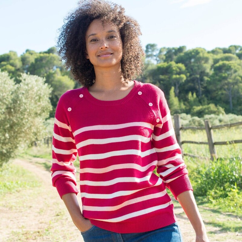 Pruhovaný pulóver s ozdobnými gombíkmi malinová/ružová 052 67387843