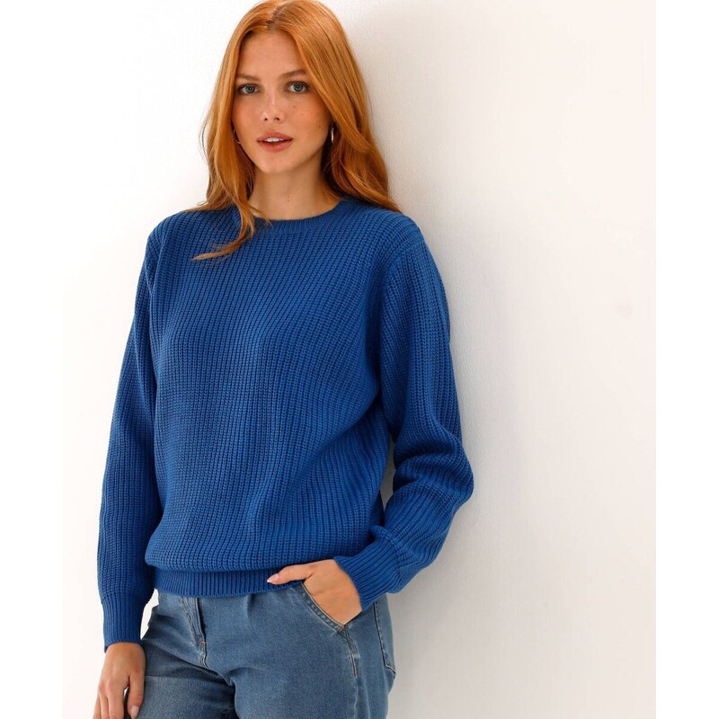 Pulóver s okrúhlym výstrihom a hladkým vzorom modrá 054 Blancheporte 67387985