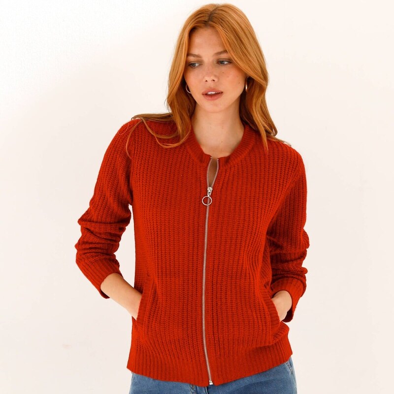 Sveter na zips s hladkým vzorom červená 054 Blancheporte 67388087