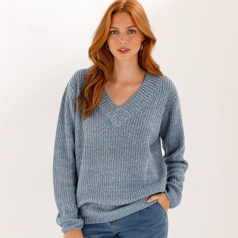 Pulóver s výstrihom do V a hladkým vzorom modrý melír 054 Blancheporte 67388091