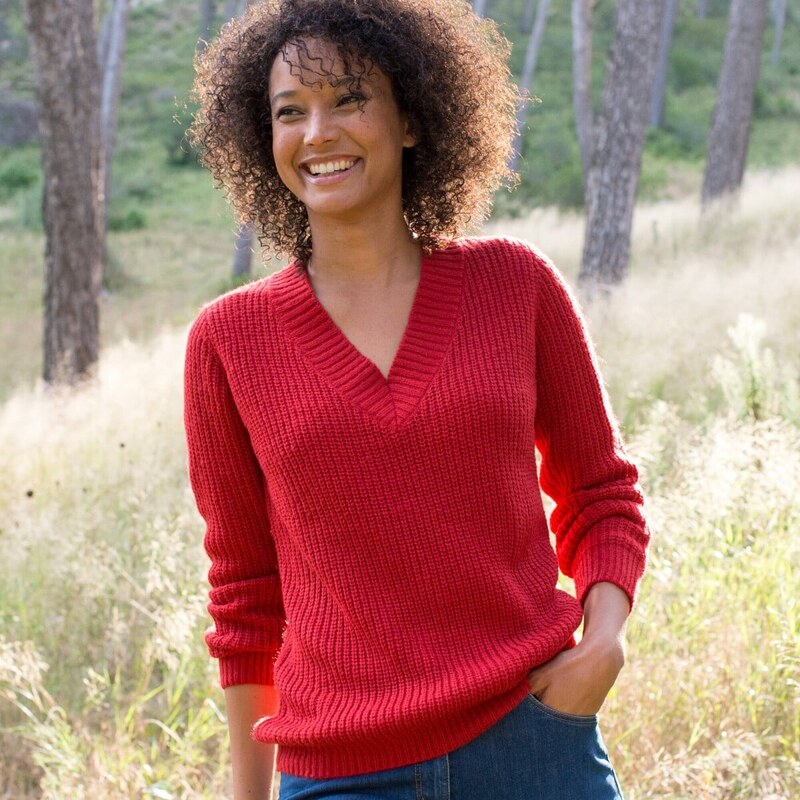 Pulóver s výstrihom do V a hladkým vzorom červená 054 Blancheporte 67388090