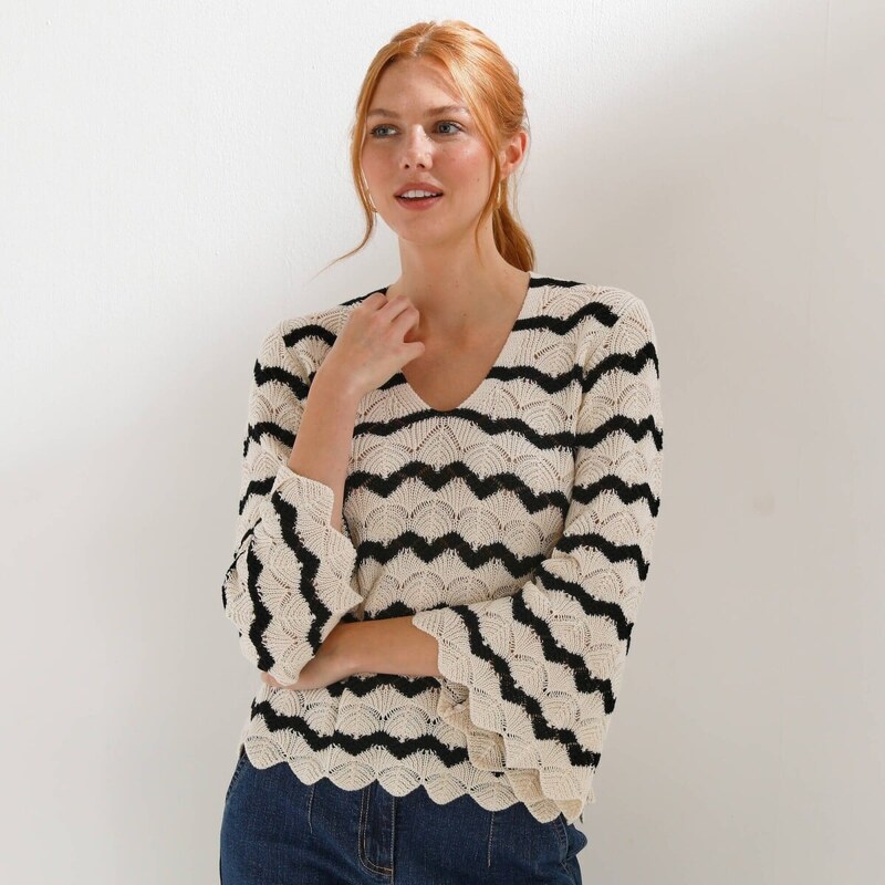 Pruhovaný pulóver so širokými 7/8 rukávmi a vzorom ražná/čierna 054 67388110