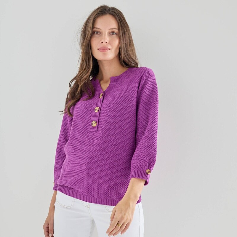 Pulóver s výstrihom na gombíky a perličkovým vzorom fialová 054 67388186