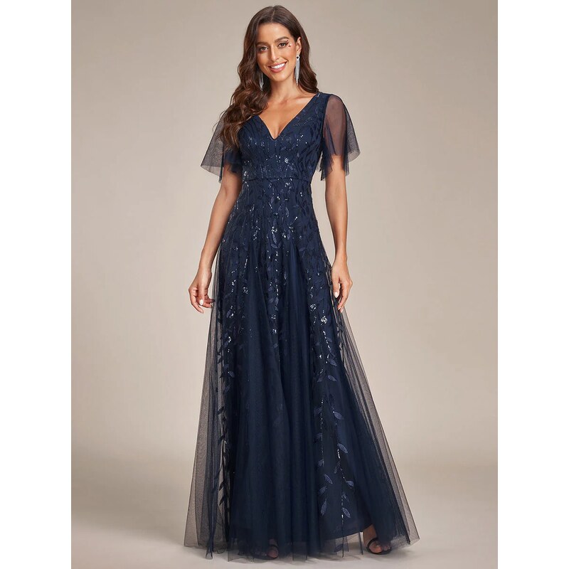 (veľ. 42) Dlhé šaty s flitrovanými lístkami tmavomodré 67390914