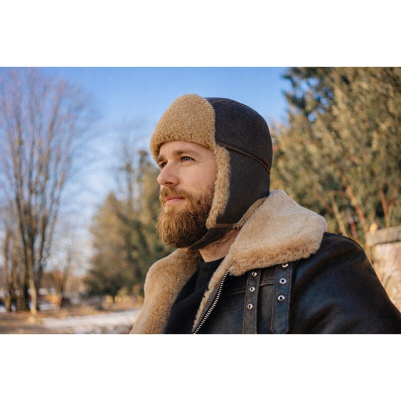 Sikora Kožušinová ušianka SPITFIRE - hnedá antik/béžový baránok 67308973