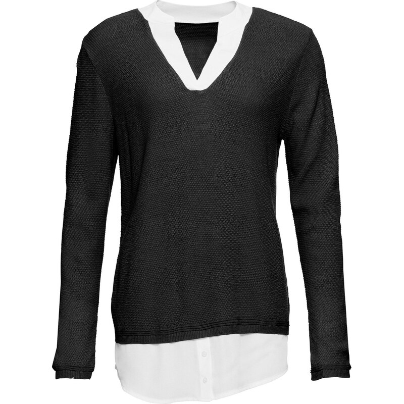 bonprix Pletený pulóver s blúzkovými prvkami, farba čierna 44789356