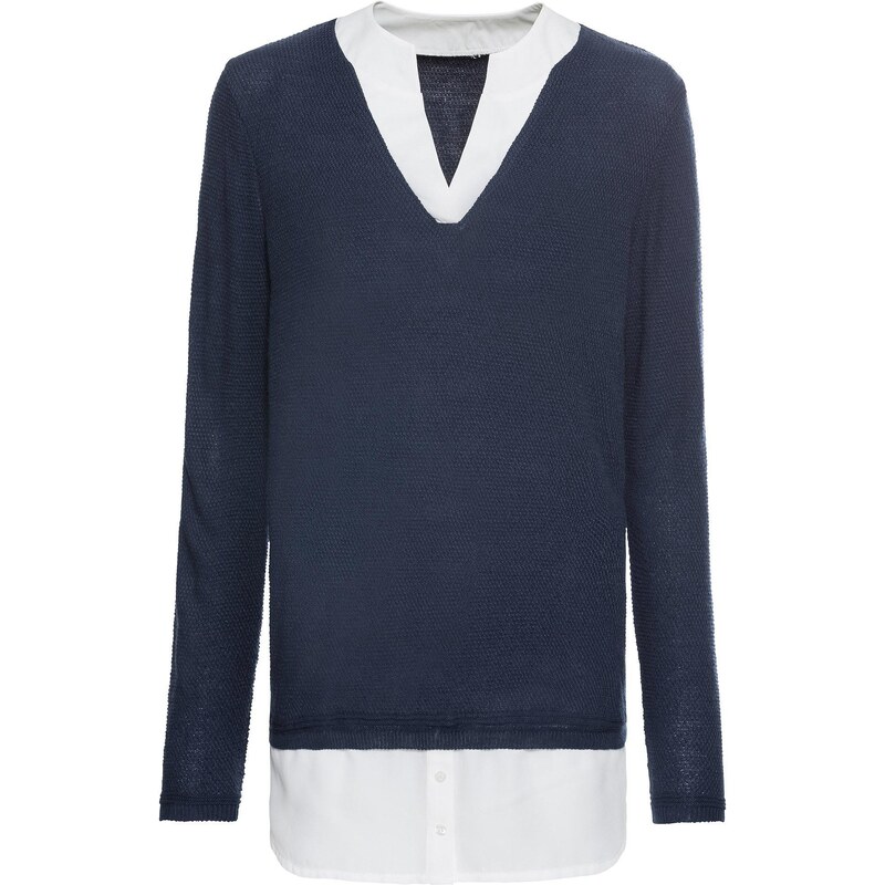 bonprix Pletený pulóver s blúzkovými prvkami, farba modrá 44814702