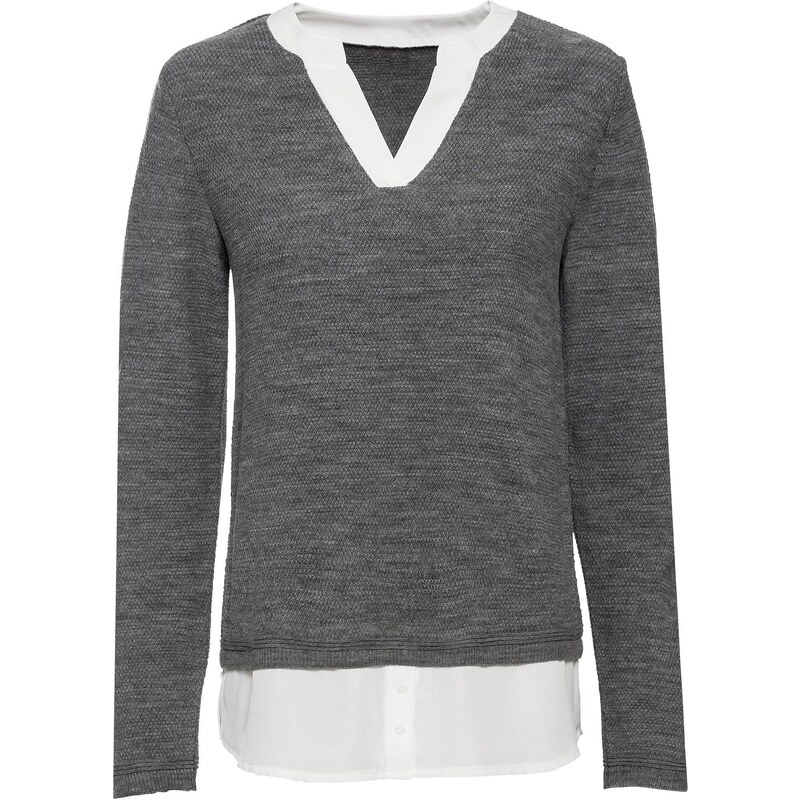 bonprix Pletený pulóver s blúzkovými prvkami, farba šedá 44789596
