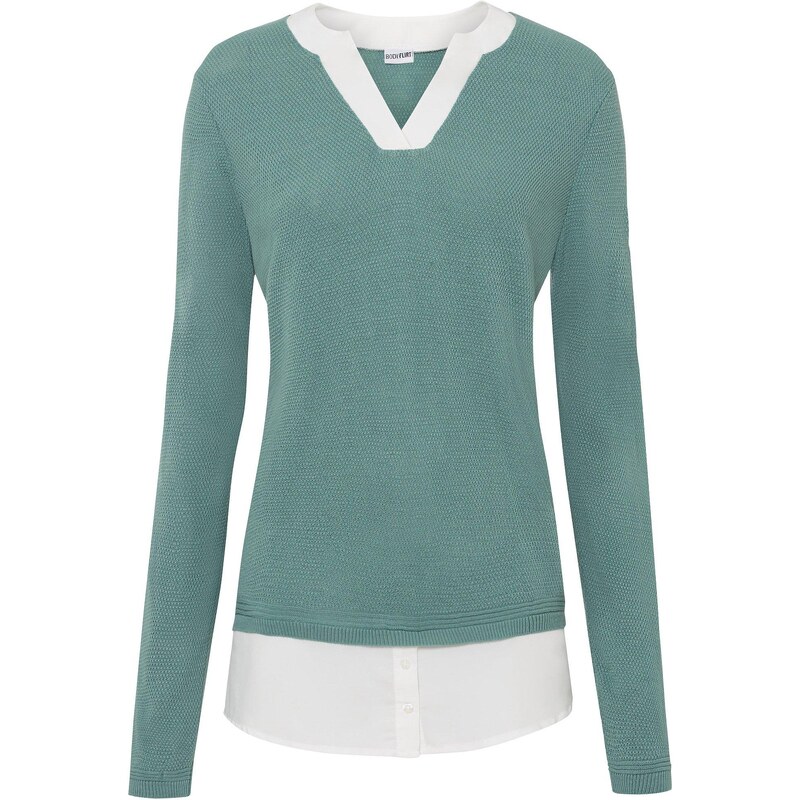 bonprix Pletený pulóver s blúzkovými prvkami, farba zelená 45104332