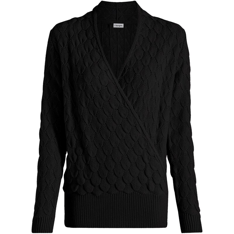 bonprix Ažurový pulóver v zavinovacom vzhľade, farba čierna 45535723