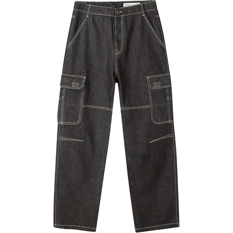 Bershka Rifľové kapsáče čierny denim 67400257