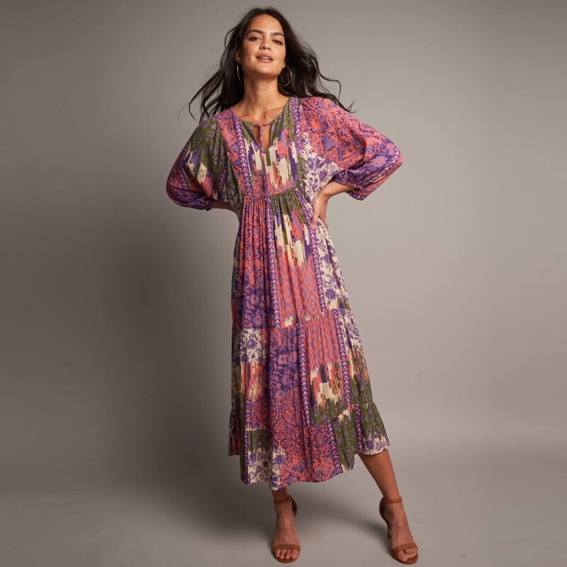 Krepónové midi šaty s 3/4 rukávy a potlačou slivková/khaki 036 67400654