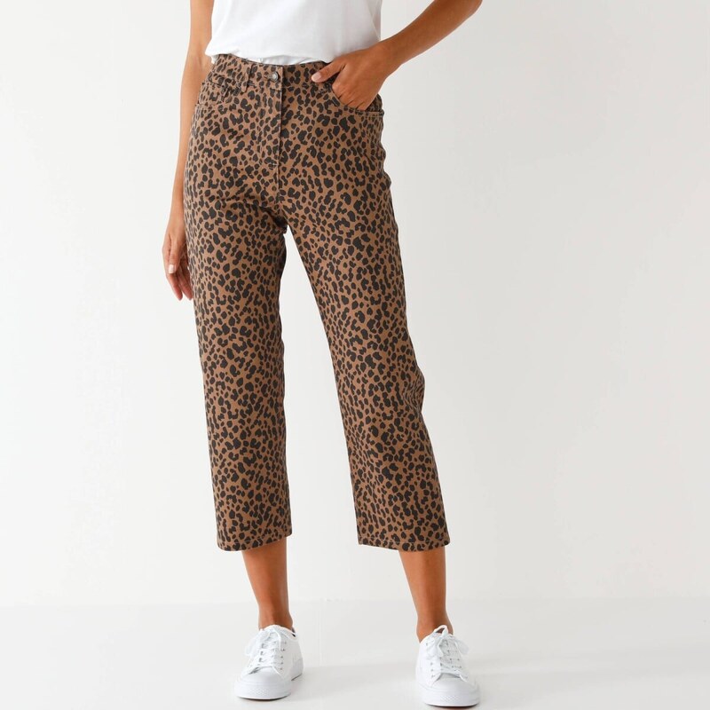 Rovné 7/8 nohavice so zvieracou kresbou hnedosivá/čierna 052 67400662