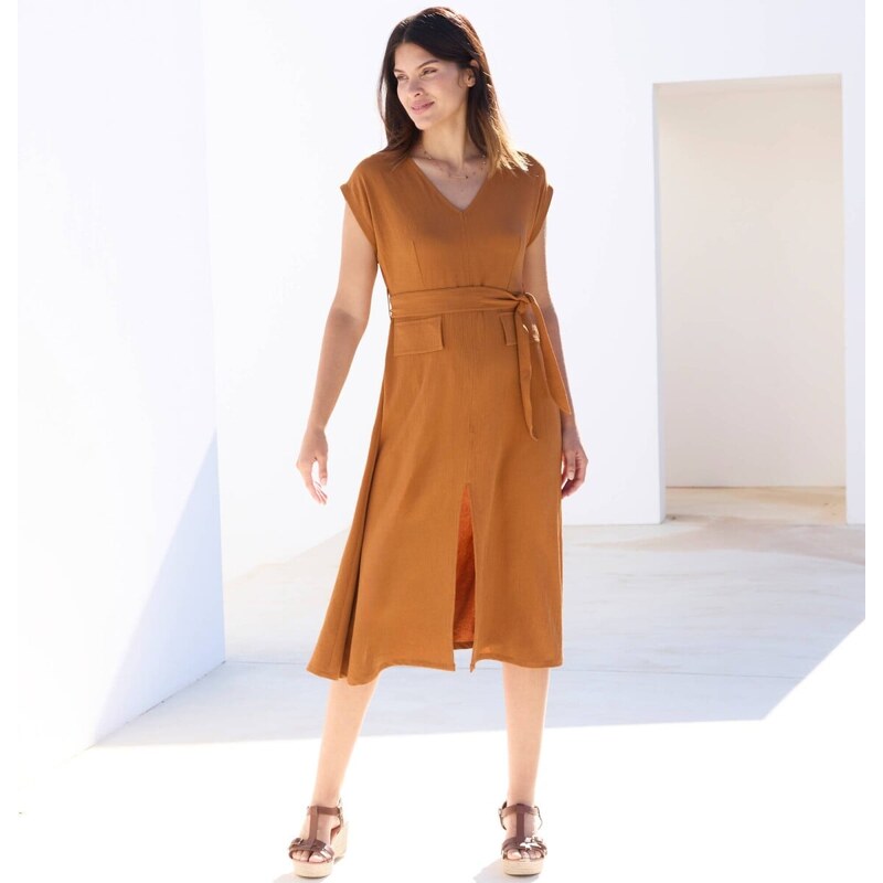 Krepové midi šaty s opaskom a rozparkom karamelová 054 Blancheporte 67400658