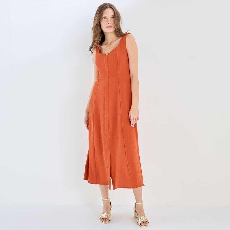 Krepové midi šaty s_x000D_ hranatým výstrihom terakota 054 67400661