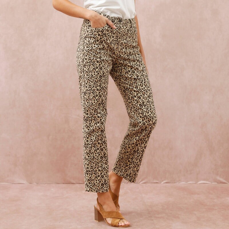 Rovné keprové nohavice s leopardím vzorom béžová/čokoládová 050 67400671