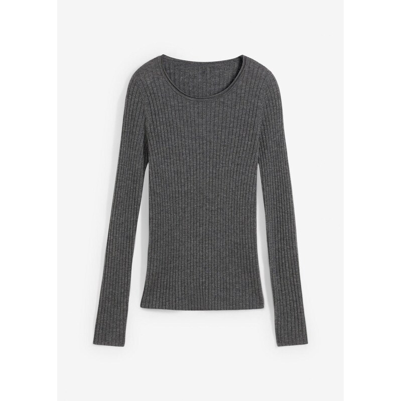bonprix Vrúbkovaný pulóver z merino vlny, farba šedá 57630447