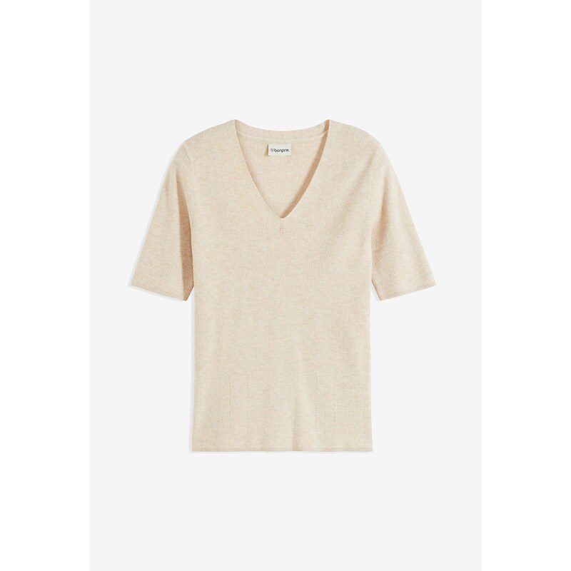 bonprix Vrúbkovaný pulóver, krátky rukáv s viskózou, farba béžová 61718715