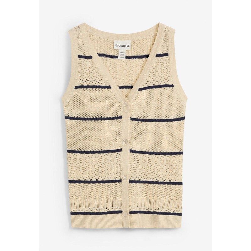 bonprix Pletená vesta, ažúrová, s podielom plátna, farba béžová 62972394