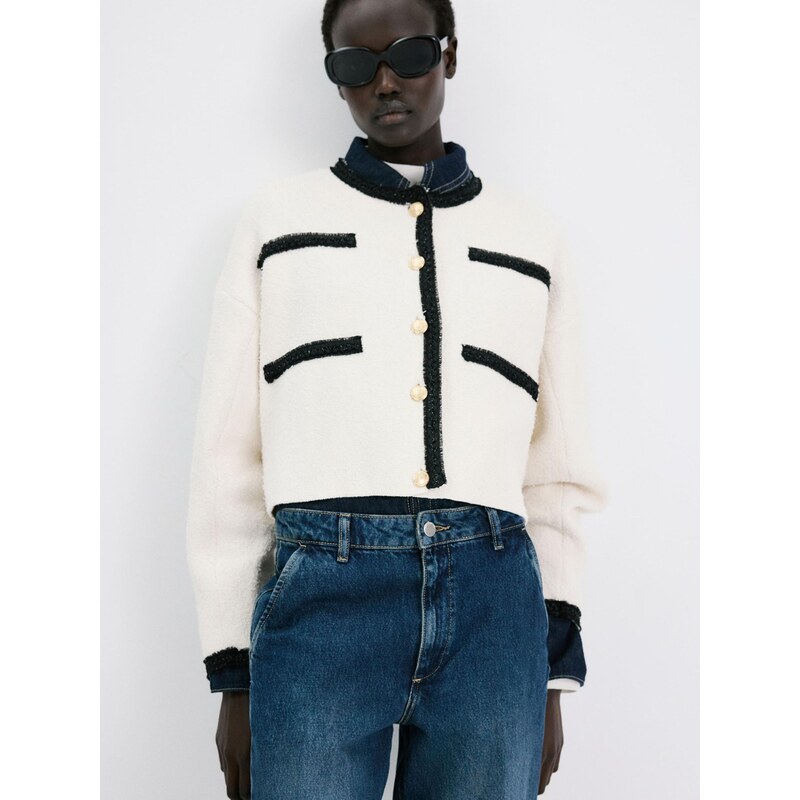 MANGO Kardigán Petunia krémová / čierna 67415344