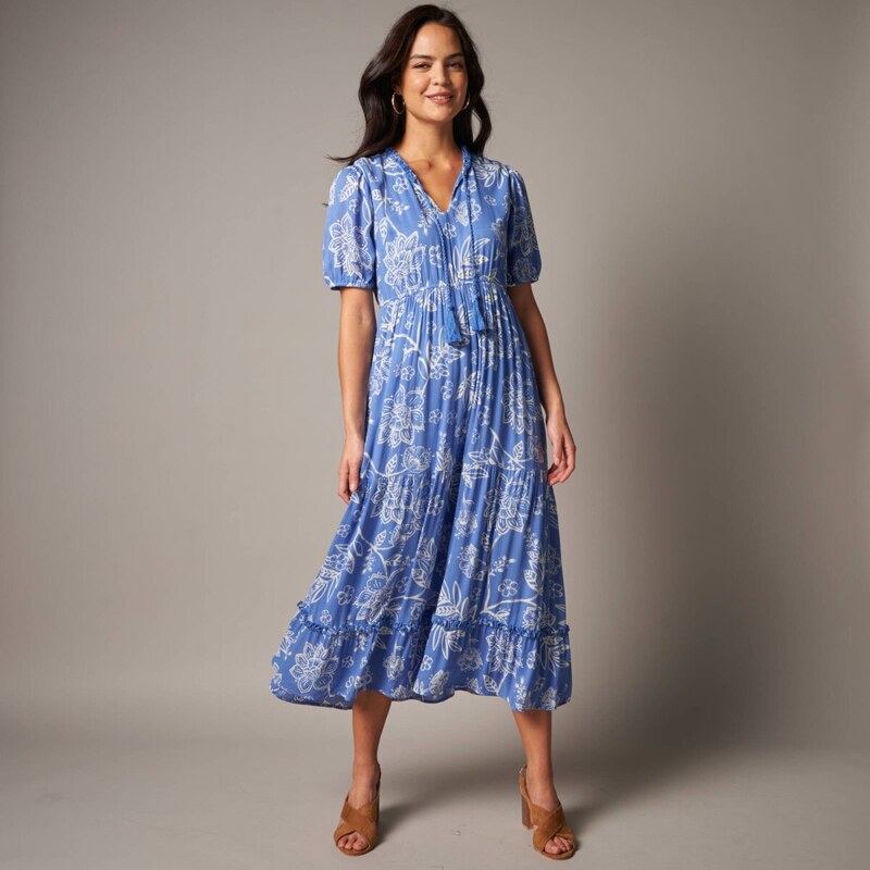 Krepónové midi šaty s potlačou kvetín modrá/prírodná 056 Blancheporte 67417736