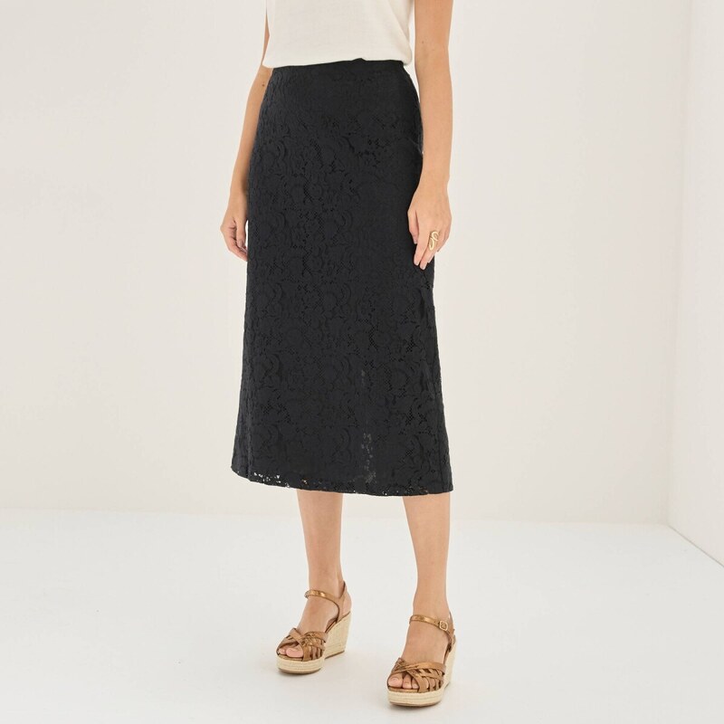 Čipková midi sukňa s rozparkom čierna 054 Blancheporte 67417751