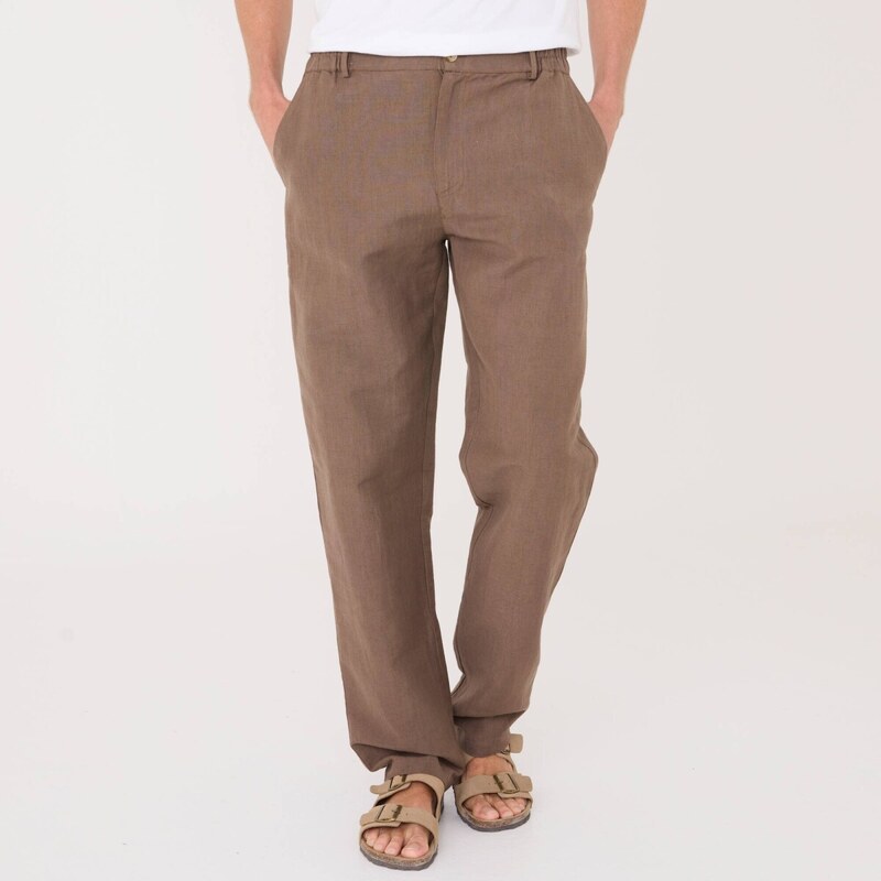 Nohavice zo zmesi bavlny a ľanu s pružným pásom gaštanová 038 67417752