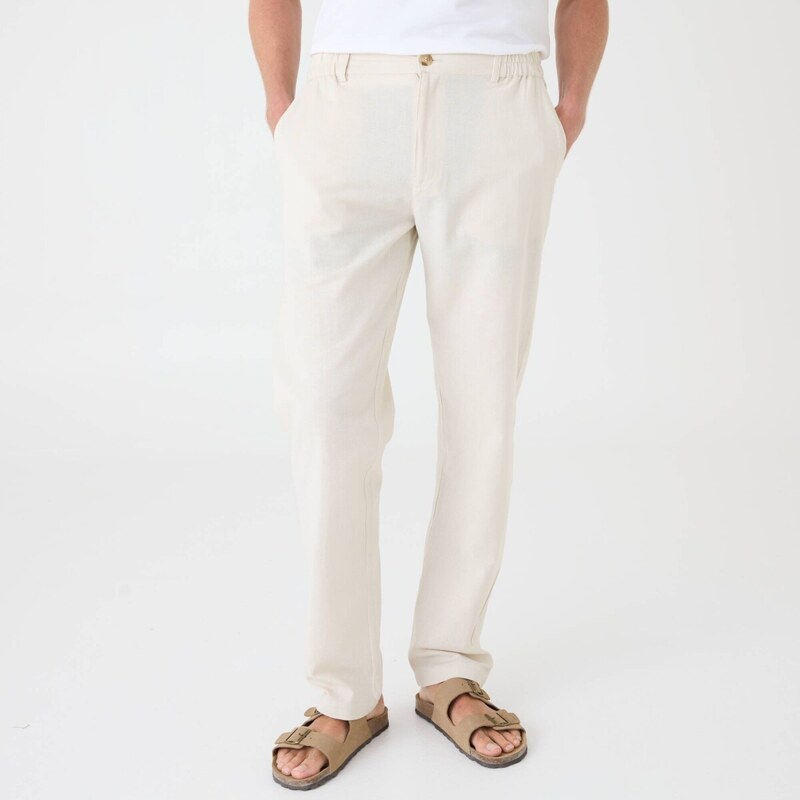 Nohavice zo zmesi bavlny a ľanu s pružným pásom sivobéžová 054 67417753