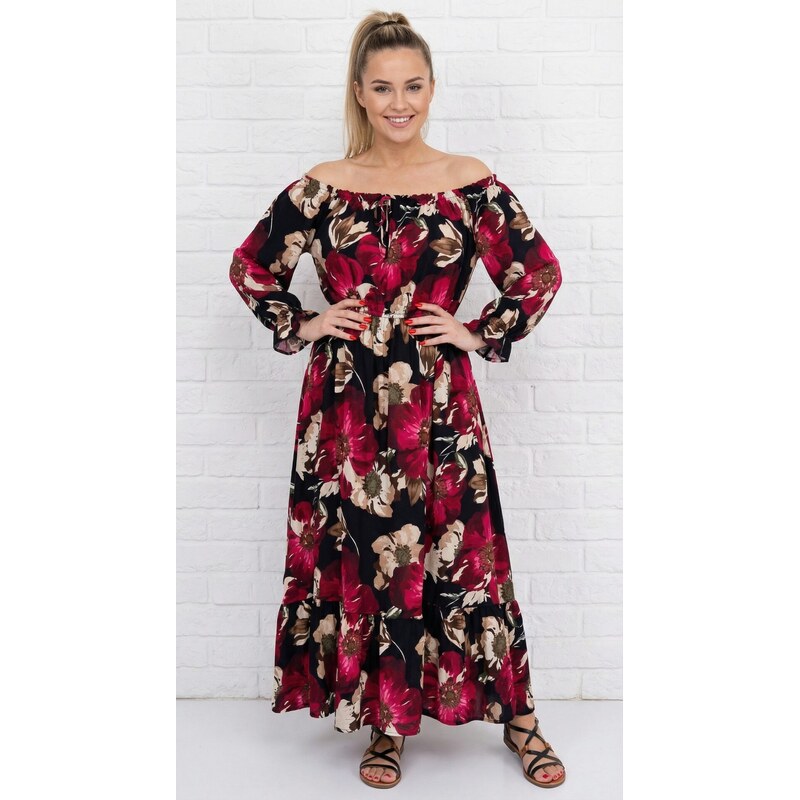 Dlhé šaty s červenými kvetmi a s rozparkom čierne 63591697