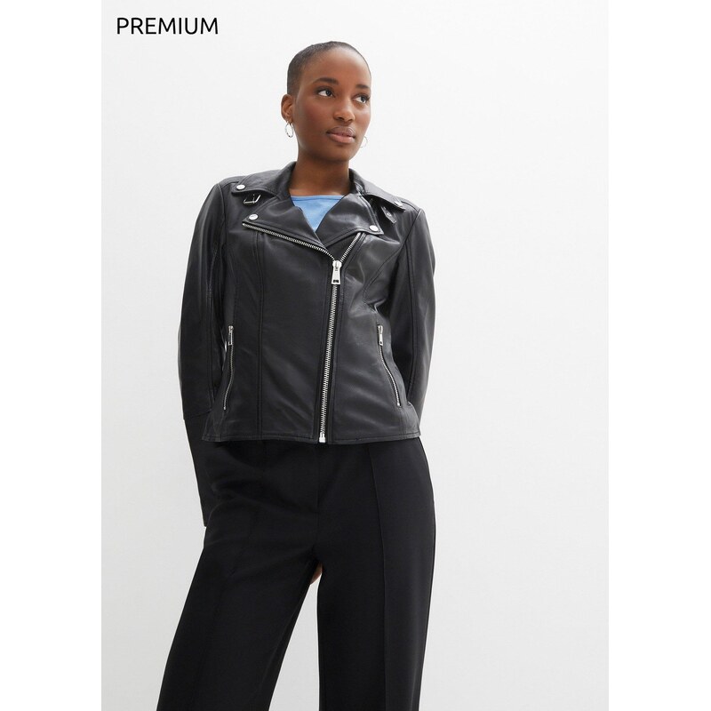 bonprix Kožená motorkárska bunda z jahňacej nappa kože, farba čierna 49697412