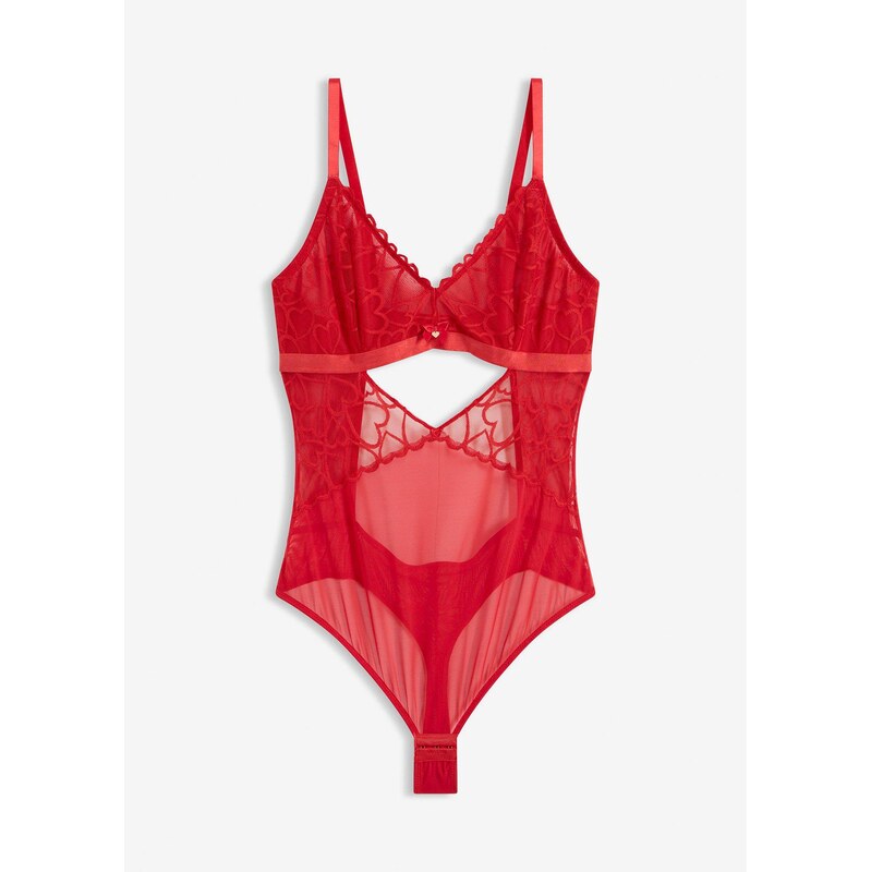 bonprix Stringové body so srdiečkovou čipkou, farba červená 67426328