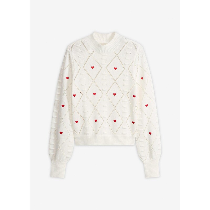 bonprix Ažúrový pulóver z bavlneného mixu, farba biela 67426411