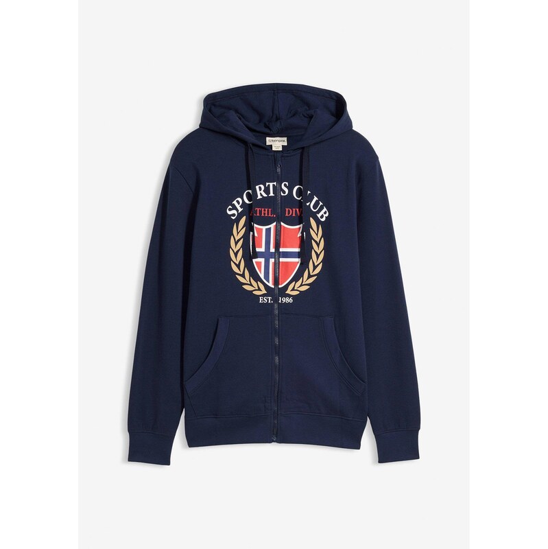 bonprix Mikinová bunda s kapucňou, z čistej bavlny, farba modrá 67426500