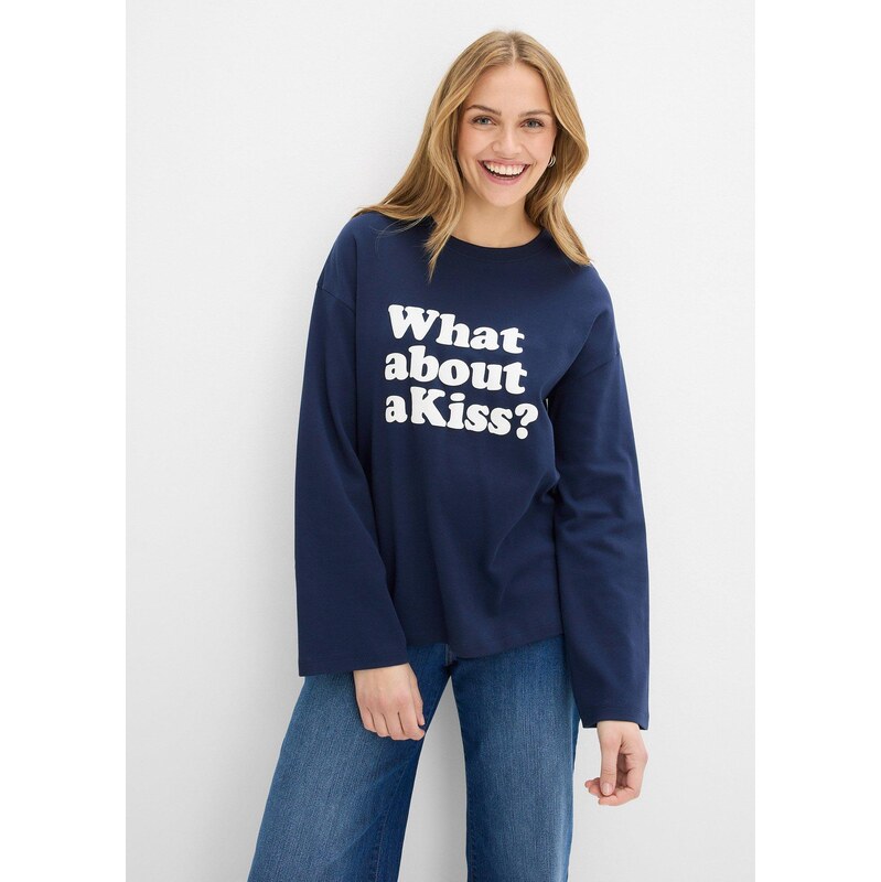 bonprix Tričko s dlhým rukávom z ťažkej bavlny, farba modrá 67426420