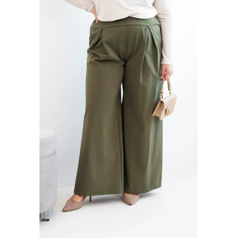 K-Fashion Dámske Plus veľkosť široké nohavice so skladaním Khaki 67427214