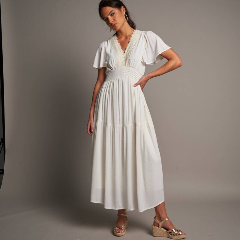 Rozšírené krepónové dlhé šaty s macramé ražná 054 Blancheporte 67436072