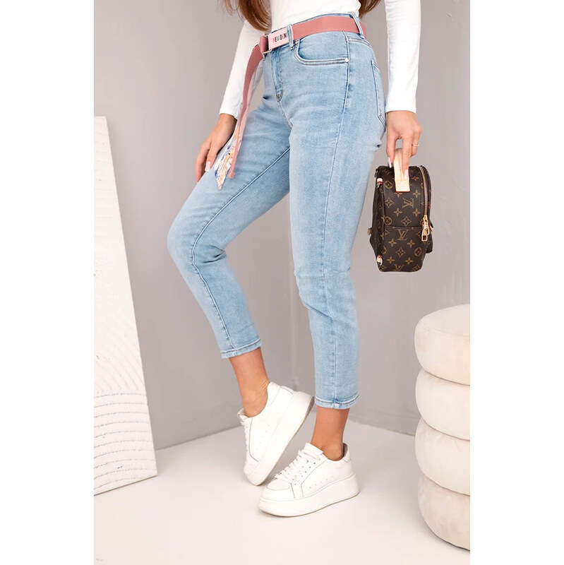 K-Fashion Dámske džínsy s vysokým pásom a opaskom, modré 67439051