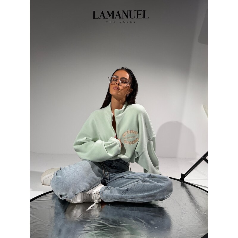 LaManuel Oversize mikina CREME s výšivkou matcha 67442381