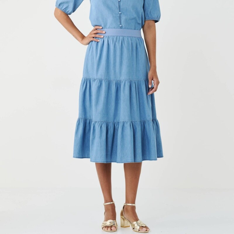 Midi volánová sukňa z tenkého denimu vypraná modrá 054 Blancheporte 67452011
