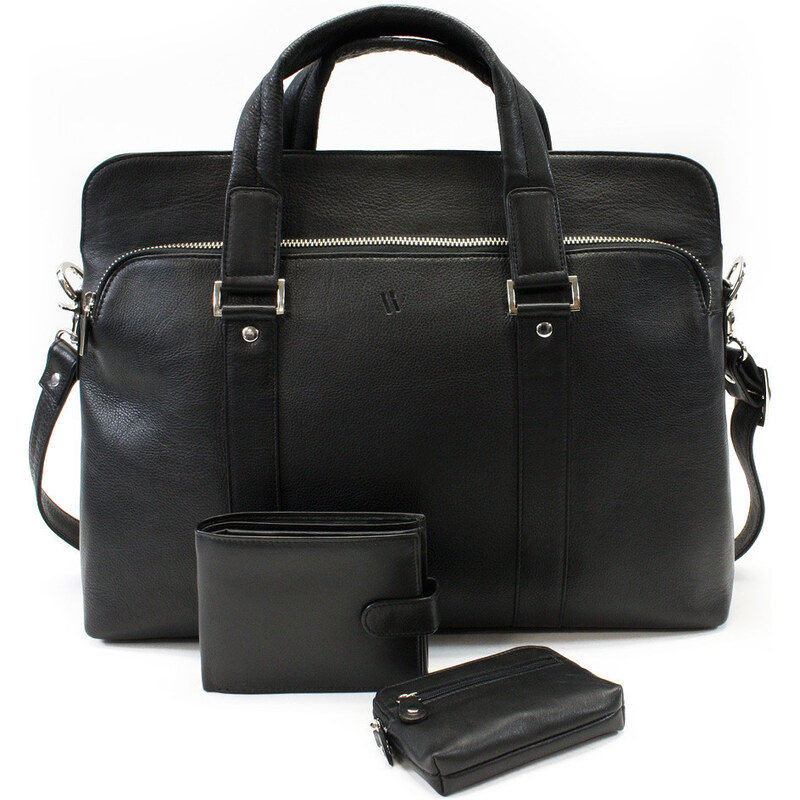 Arwel Súprava koženej tašky na notebook, peňaženky a kľúčenky | čierna 67464522