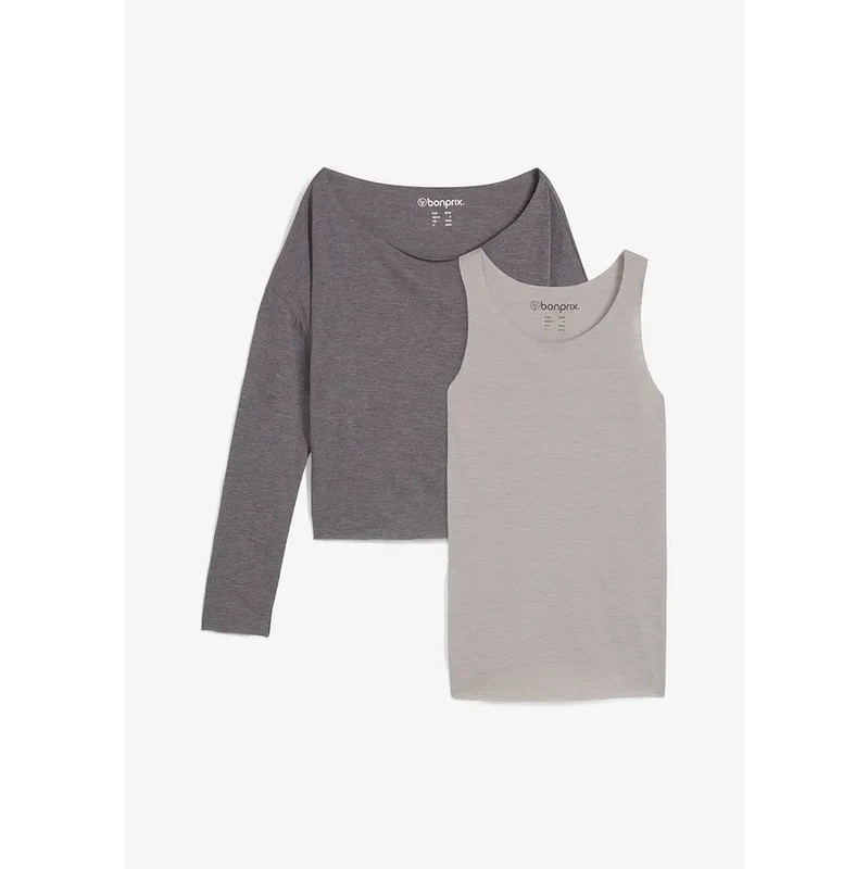 bonprix Top a tričko (2-dielna sada) z džerseju, farba šedá 65262563