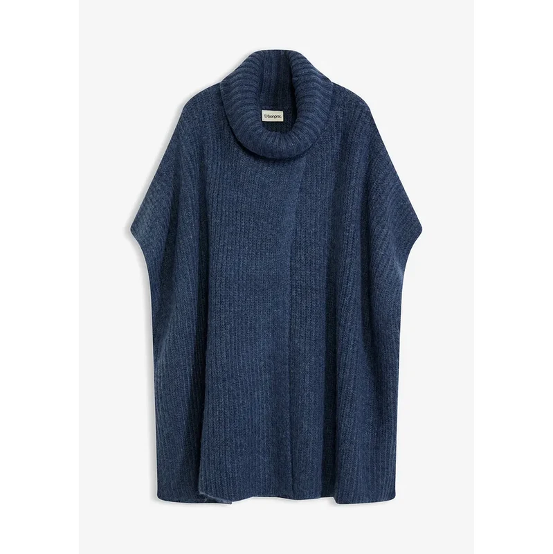 bonprix Pončo pulóver s podielom vlny, farba modrá 66438112