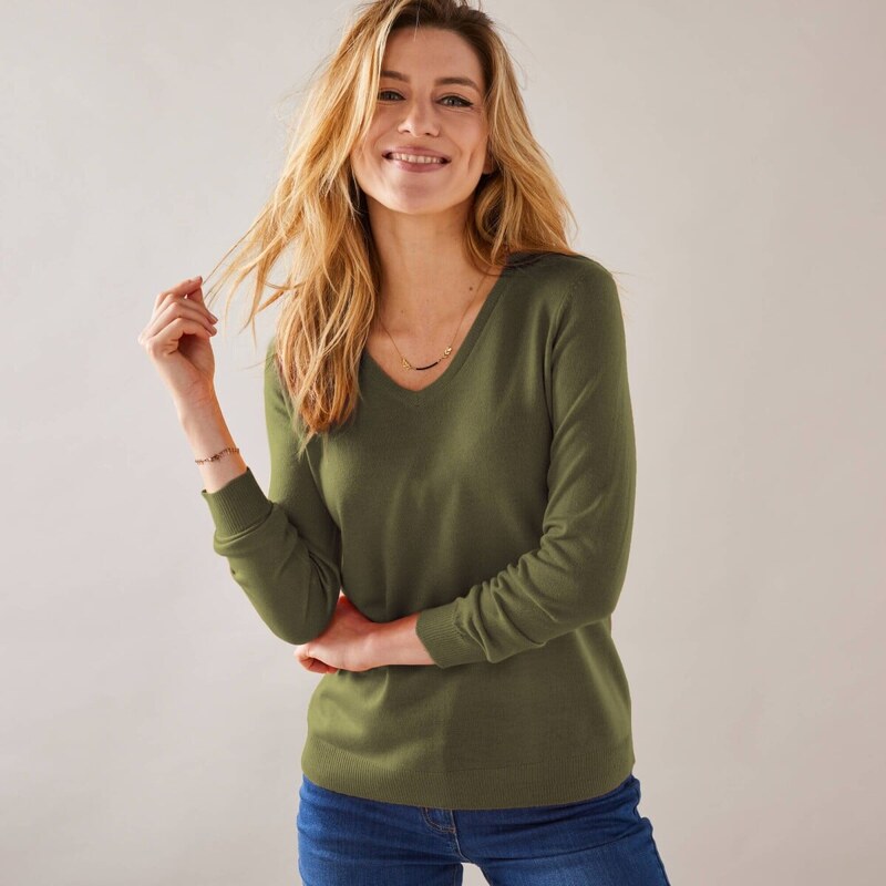 Pulóver s výstrihom do V khaki 054 Blancheporte 65217696