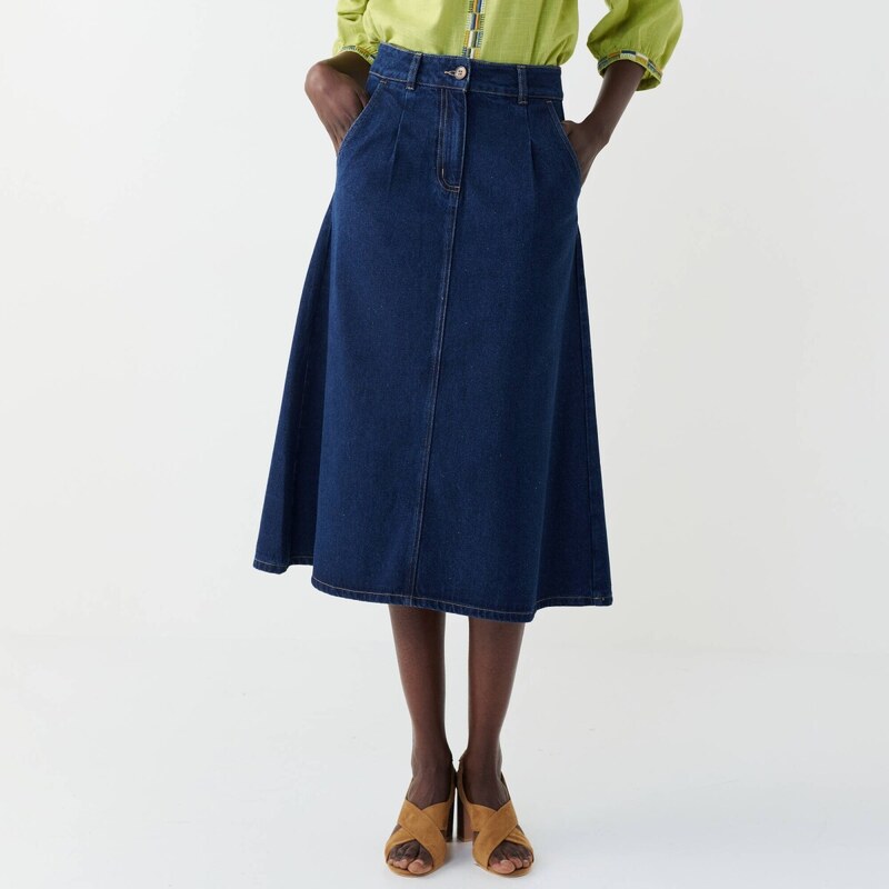 Rozšírená džínsová midi sukňa so skladmi modrá 052 Blancheporte 67484471