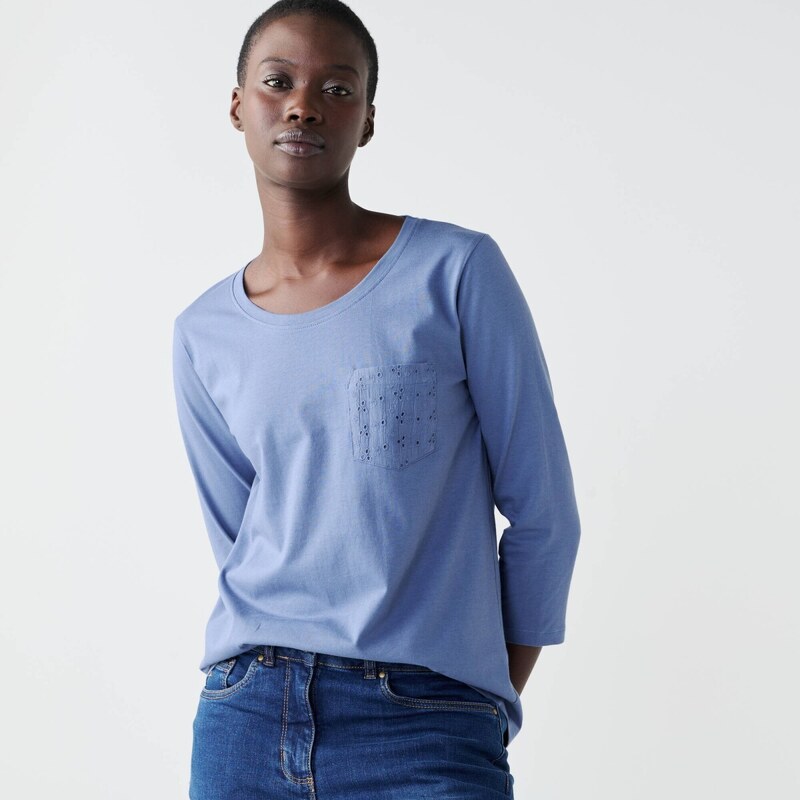 Tričko s madeirovou výšivkou modrá džínsová 054 Blancheporte 67484474