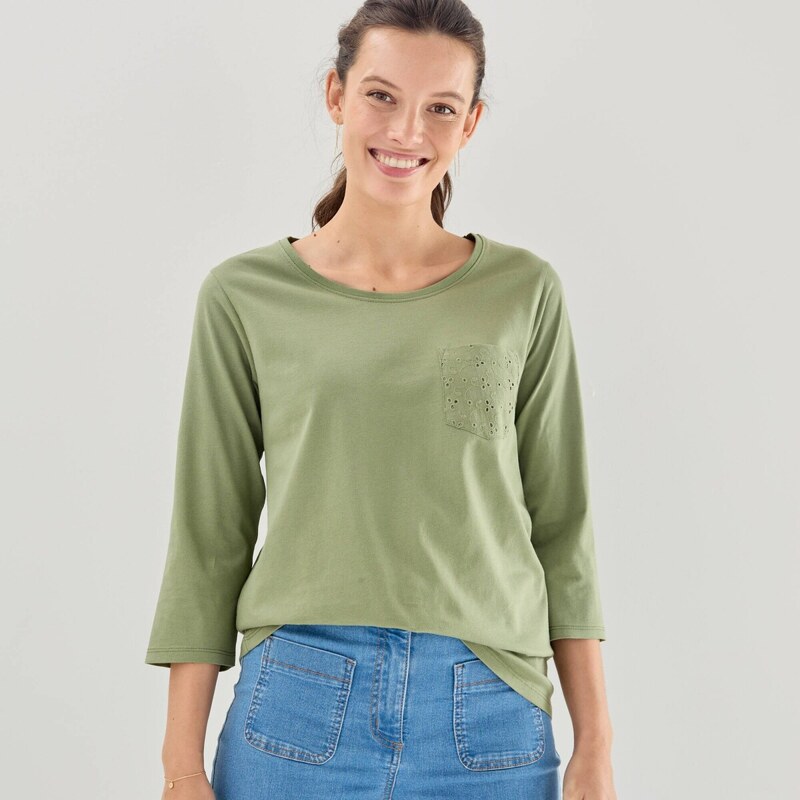 Tričko s madeirovou výšivkou khaki 054 Blancheporte 67484480